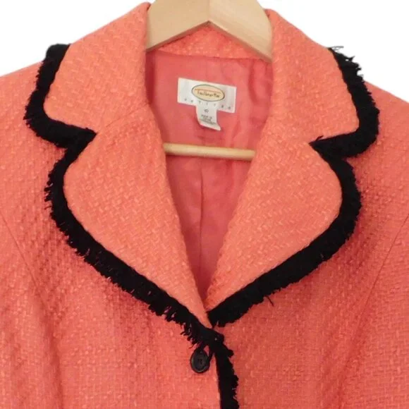 Talbots Coral Tweed Blazer with Black Fringe Trim - Picture 2 of 6